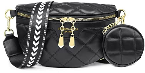 HNOOM Crossbody Bag Damen Breiter Gurt Bauchtasche Leder Brusttasche mit Münze Geldbeutel, Moderne Taschen mit Breitem Schultergurt, Umhängetasche Klein Handytasche (A-Schwarz)