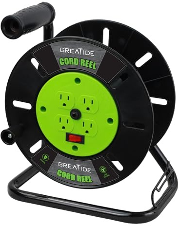 GREATIDE Heavy Duty Extension Cord Storage Reel with 4Grounded Outlets, 10A Circuit Breaker, Retractable Hand Wind, Portable Empty Hand Crank Open Cord Reel for 12/3 14/3 16/3 Gauge Power Cord, Green