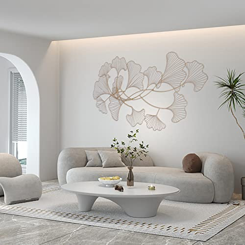 Hanmorfarbi Decorazione da Parete in Metallo 3D - Ginkgo Oro 120 x 57 cm - Moderna Decorazione Cava da Appendere
