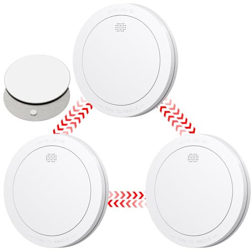CPVAN Wireless Interlinked Smoke Alarms with 10 Years Battery Life, Smoke Alarms for Home, Linked Smoke Detector, EN14604, CE Certified, Low-Battery Alert, FSI-3001. 3 Pack