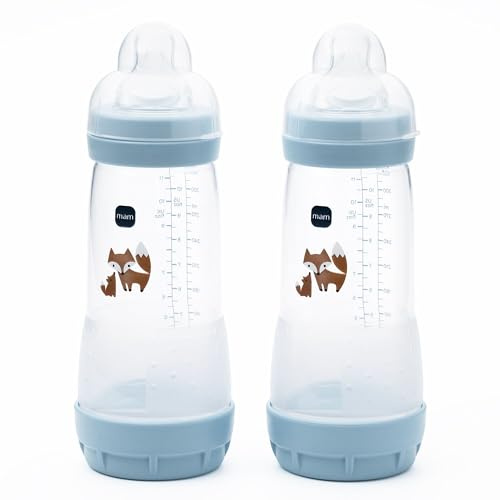 MAM Easy Start Anti-Colic Baby Bottles | 2 Pack (2 x 320ml) | Self-Sterlising | Fast Flow MAM Teats Size 3 | Baby Accessories | Powder Blue (Various Designs)