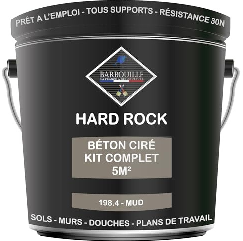 Béton Ciré Marron Kit 5m² finit - HARD ROCK - 2 couches de 5m² -Prêt à l'Emploi- Imperméable - Adhérence sur Tout Support - Intérieur et Extérieur - Instructions incluses - 198-4 - MUD - BARBOUILLE