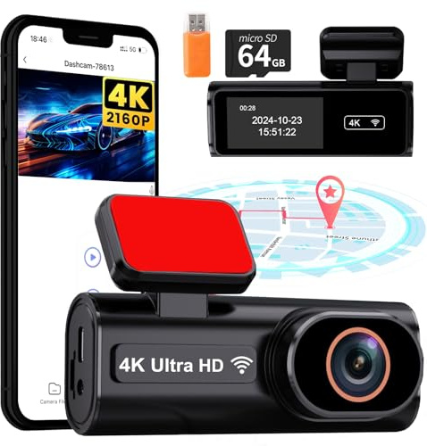 Dashcam Auto Vorne Hinten, 4K Dash Cam WiFi Autokamera mit GPS, Mini Auto Kamera mit 64GB SD Karte g, Super Nachtsicht, WDR, 170° Weitwinkel, G-Sensor, APP Steuerung, Loop-Aufnahme