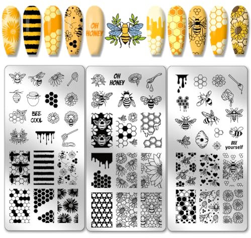 PH PandaHall Panal estampado placas Set - 3 unids primavera abeja miel uñas plantillas de arte, placa de imagen de acero inoxidable para manicura diseño con girasol
