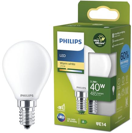 Philips Classic ultra-efficient LED bulb with energy efficiency class A, E14 base, replaces 40W, frosted, cool white light, drop shape