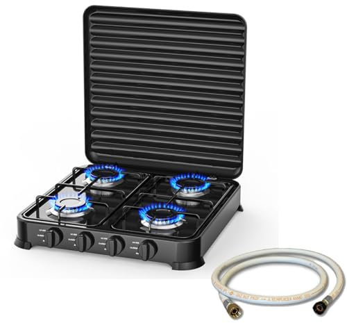 INTEC - Plaque de cuisson gaz 4 feux 8800W Table de cuisson portable + Tuyau gaz Butane/Propane Bruleurs inox
