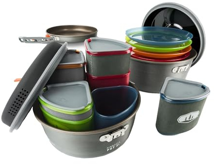 GSI Outdoors Pinnacle Ceramic Camper Cookware Set, 4-Person Camping Cookware with Non-Stick Pots, Frypan, Bowls, Plates & Nesting Design