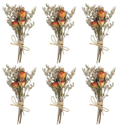 PATIKIL Mini torkade blombukett, 6 stycken rosor naturliga blommor med stjälk dekor gipsblomma blomma växt för pyssel gör-det-själv fotorekvisita present bröllopsdekoration, orange