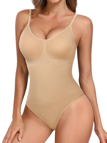 Tuopuda Body Gainant Femme Ventre Plat Body Sculptant Bodysuit Shaper avec Soutien-Gorge String Minceur Shapewear Gaine Amincissante Spaghetti Strap Lingerie Camisole Top Chic Élégant, Beige, M