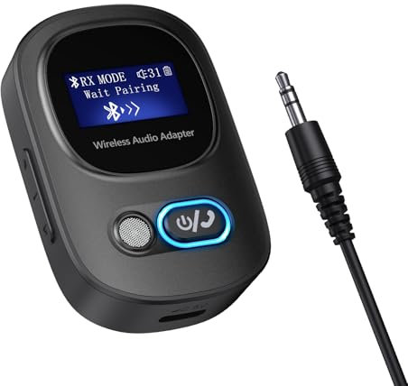 OQIMAX Bluetooth 5.3 Transmitter Receiver, Bluetooth Headphone Adapter with LED Display, Portable Wireless Aux Adapter with Volume Control, Hand-Free Call, Support TF Card, for TV, Speaker, Headset