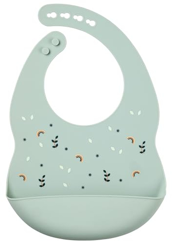 Nattou Bavoir en Silicone avec Récupérateur, Taille Réglable, Vegan, Sans BPA, Environ 20 x 27 cm, Silicone, Vert