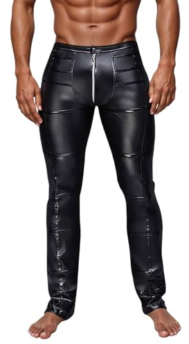Mens Trousers Men`s Rock Lace Up PU Leather Pants Slim Fit