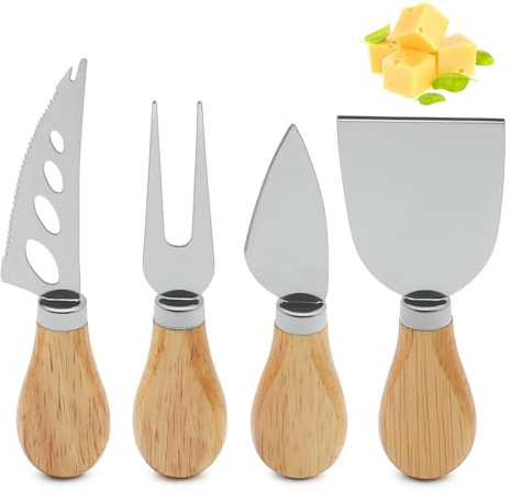 Vyranut Couteaux à Fromage en Bois Lot de 4 – Ensemble d’Outils à Fromage en Acier Inoxydable avec Manche en Bois, Ustensiles pour Fromage, Gâteau et Beurre, Design Élégant et Durable