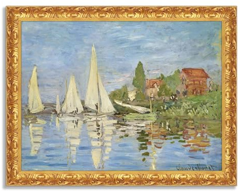 LuxHomeDecor Claude Monet - Regate ad Argenteuil - Quadro stampa su tela effetto dipinto con cornice in legno oro classico - 110x85 cm