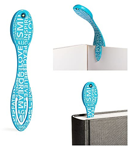 Gifts for Readers & Writers Book Light, Clip On Reading Light for Bed, 2in1 Flexilight & Bookmark, Small & Lightweight with a Soft Glow, 2 Batteries Included, Blue Words