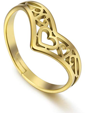 Amaxer Celtic Stainless Steel Heart Ring Gold Crown Shaped Adjustable Wishbone Ring for Women (gold)