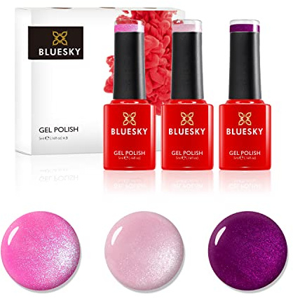 Bluesky Gel Nail Polish Set, Pink Powder, Tango Passion 80580, Grapefruit Sparkle 80546, Honeysuckle Sj16, 3 x 5 ml, Glitter, Shimmer, Pink, Purple (Requires Curing Under UV or LED Lamp)