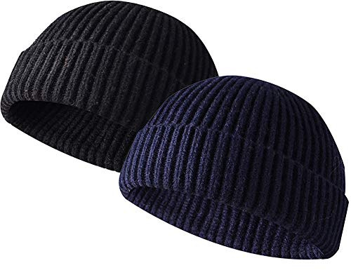 JFAN Gorro Docker de Punto Forro Polar Beanie de Lana Gorro con Vuelta Sombreros Cálidos de Invierno Gorro de Pescador Skullcap,Negro+Azul,Talla única