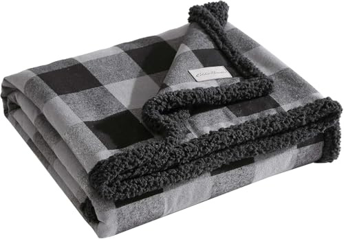 Eddie Bauer - Reversible Sherpa Flannel Bedding Buffalo Check Throw Blanket Home Decor for All Seasons (Grey/Black, 50 x 60)