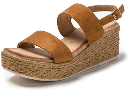 JOMIX Sandalias Mujer Verano con Cuñas Esparto Sandalias Cuña Mujer Piel con Punta Cuadrada Sandalias Mujer Comodas Playa Piscina Mar, Marrón, 39 EU