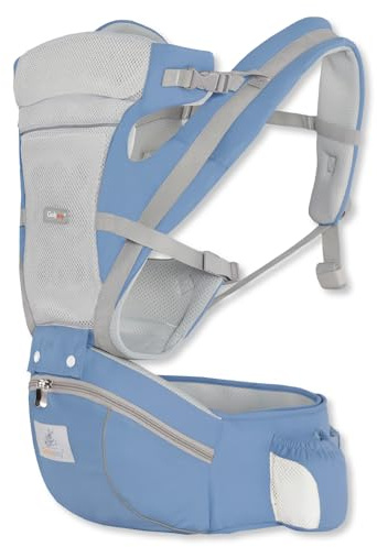 SONARIN Transpirable 3 en 1 Mochila Portabebés con Asiento de Cadera,Portabebé Ergonómico Multifuncional Portador de Bebé Multiposición para Recién Nacidos 0-36 Meses(Azul)
