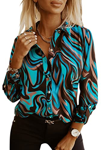 Minetom Chemisier Femme Elégant Col en V Manches Longues Imprimé Blouse avec Boutons Chemise Travail Bureau Tunique Shirt A Bleu L