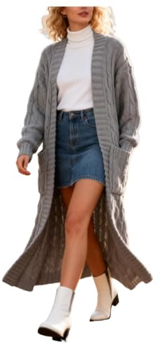 Shuanghao Suéter Térmico-Engrosado Otoño-Invierno Sexy-Moda Mujer - Cardigan Largo de Punto de Casual Suelto Manga Larga Suave Nuevos Chaqueta de Punto Retro Algodón Color Sólido Mujeres Gris L