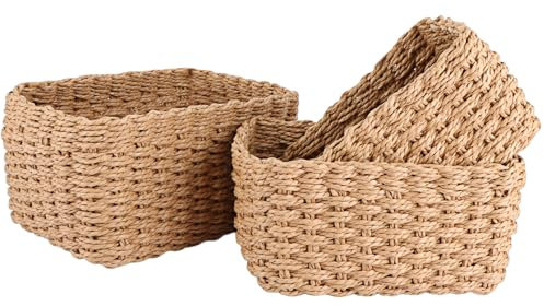 ASelected 3Pcs Wicker Baskets, 3Size Woven Paper Rope Storage Boxes, Small Wicker Storage Baskets for Shelf Cupboards Drawer Closet