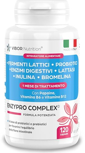 Vibor 120 Cps Enzypro Complex 3 in 1, Fermenti Lattici Probiotici E Prebiotici Per Intestino + Enzimi Digestivi Bromelina Plus Forte Drenante, Lattasi, Inulina,Riduce Il Gonfiore Addominale,Per Adulti