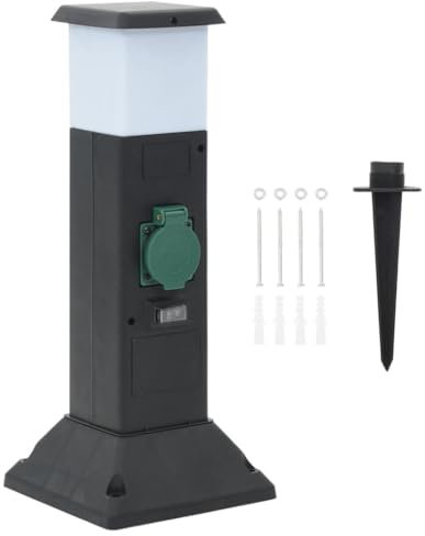 Homgoday Outdoor Socket Column with Lamp and Spike 2-Way 16x16x39.5 cm, Power Outlets & Sockets
