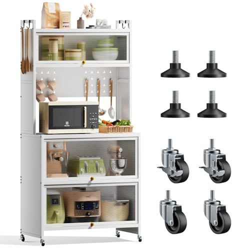 Warmiehomy Kitchen Storage Cabinets, Pantry Cupboard with 5 Tiers Bakers Rack, Kitchen Shelves with Transparent Flip Door & 4 Rolling Wheels, 80x40x162cm, White