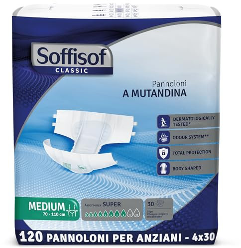 Soffisof Classic Pannoloni con Adesivi Super M - 120x Pannoloni per Anziani a Mutandina - 4 Confezioni da 30 Pezzi, Assorbenza fino a 8 Gocce - Ausili Incontinenza Uomo e Donna