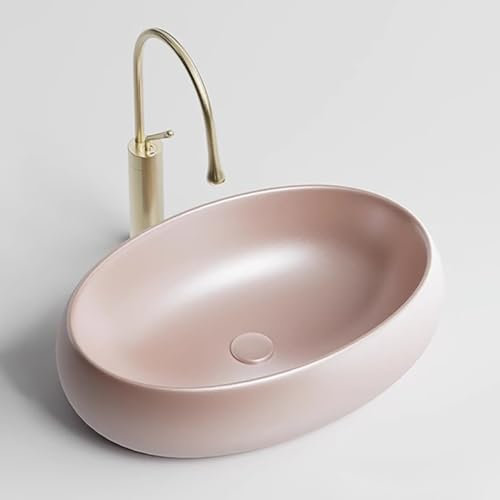 TT-YEC Modern Ceramic Countertop Basin Bathroom Sink, Matte Glazed, Oval Handmade Wash Basin, Vanity Sink Faucet Set, Cloakroom Sink Bowl for Washstand,A set