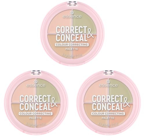 essence CORRECT & CONCEAL colour correcting palette, Concealer, Nr. 10, Mehrfarbig, 4 Farben, definierend, farbkorrigierend, vegan, ohne Parfüm, ohne Alkohol, ohne Parabene, 3er Pack (3x4.4g)