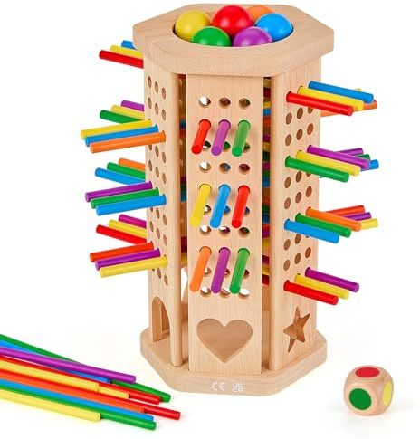BYHANO Gioco Montessori in Legno 42 Pezzi con Bastoncini e Dadi, Educativo per Matematica e Motricità Fine Bambini 3 4 5 6 Anni, da Tavolo per Famiglia e Viaggio