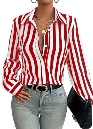 MINTLIMIT Womens Striped Button Down Shirts Classic Casual Long Sleeve Collared Office Work Blouses Tops