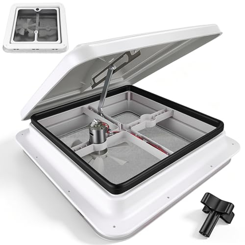 420mm x 420mm Campervan Skylight Roof Vent with Built-in 12V Fan, Fly Net for Caravan Van Roof Vent Motorhome RV Horsebox, 350mm Cut-out, White