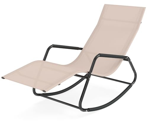 RELAX4LIFE Garden Sun Lounger, Outdoor Rocking Deck Chair with Curved Armrests & Rocking Function, Heavy Duty Metal Frame Reclining Furniture for Backyard Porch Balcony Camping (Beige)