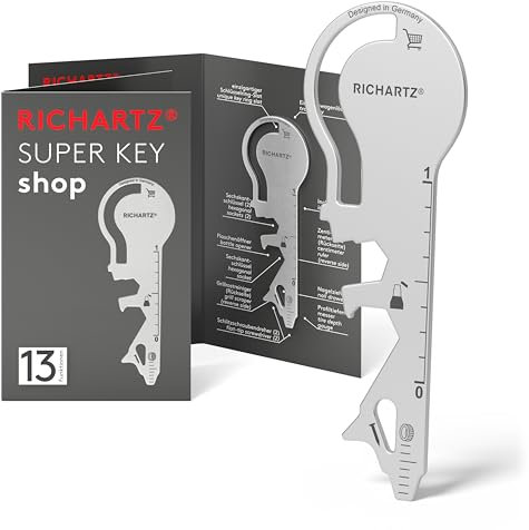 RICHARTZ KEY shop | Multitool Schlüsselanhänger | 13 praktische Funktionen | Hochwertiger, matt gestrahlter Edelstahl | Schlüsselanhänger Werkzeug inkl. Verpackung & Funktionsbeschreibung
