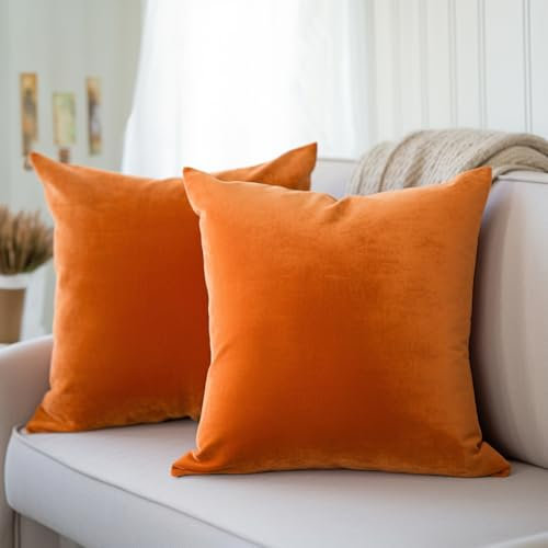 Encasa XO Kissenbezüge aus Samt - 2er-Set (40x40 cm) - Orange- Uni gefärbt, weich & glatt, waschbar, quadratisch, großer Wurfkissenbezug für Couch, Sofa, Stuhl, Bett und Wohnbereich