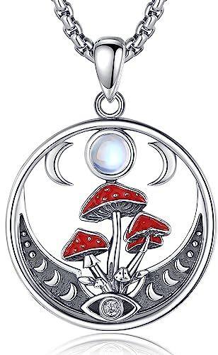 AEONSLOVE Collar Seta Plata de Ley 925 para Mujer Niña Colgante Fases de la Luna con Piedra Lunar Joyas Setas de Brujería Regalo Amuleto Wicca Esotéricas Mágica
