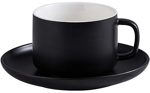 VollfitYYu Juego de tazas de café de cerámica, 230 ml, taza de capuchino con platillo, porcelana mate, juego de tazas de café, taza de té, regalo (negro)