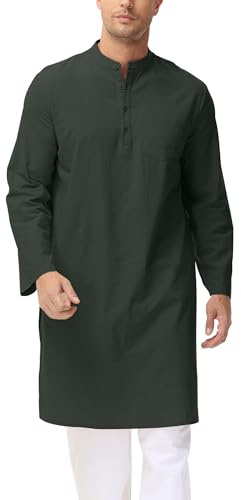 LVCBL Kurta For Men Kaftan Thobe Long Sleeve Casual Linen Button Up Robes Dark gray L