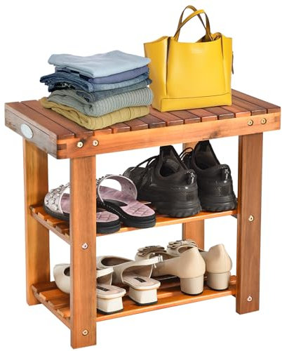 COSTWAY Schuhregal mit Sitzbank, Schuhbank mit 2 Ablagen, Schuhschrank aus Holz, Schuhständer für Bad, Wohnzimmer und Eingangsbereich, 50 x 28 x 45 cm
