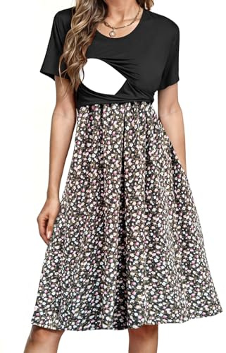 PARNIXS Women's Nursing Dress Summer Short Sleeve Patchwork Pregnancy Clothes with Pockets