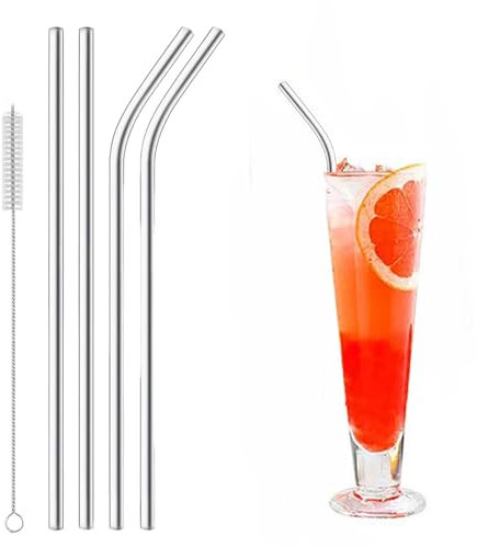 Dinghaole 4 Pcs Paille Inox Reutilisable (2 Droites + 2 Courbées), Pailles Bubble Tea avec 1 Brosses de Nettoyage, Paille Metal pour Cocktails, Lait Glacé, Thé, Milkshakes, Café Glacé