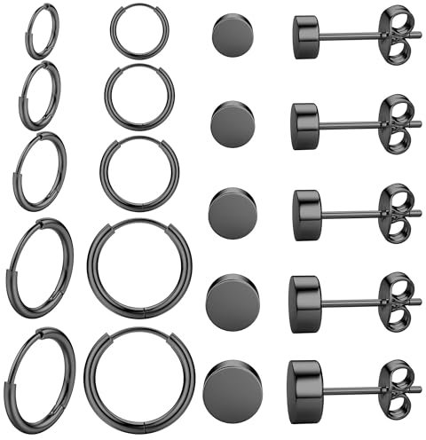 JeweBella 10 Paar Ohrringe Herren Männer Edelstahl Hypoallergen Silber Schwarz Ohrstecker Set 3-7MM Fake Plugs Tunnel Piercing Ohrringe Creolen Set 8/10/12/14/16MM Herren Schmuck