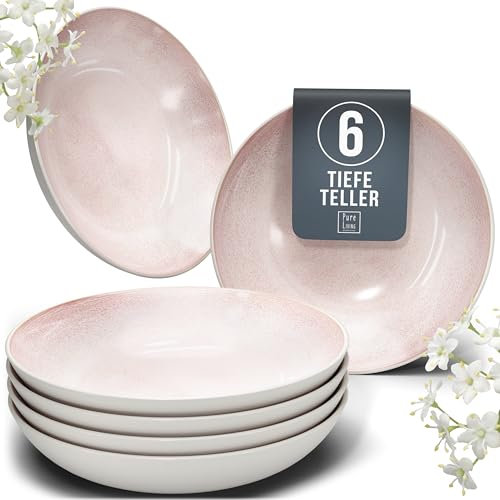 Steingut Suppenteller 6 Personen Ibiza TESTSIEGER, Traumhaftes Mediterranes Steingut Tiefe Teller Set, Pasta Teller Tief Groß - Pure Living in Rose