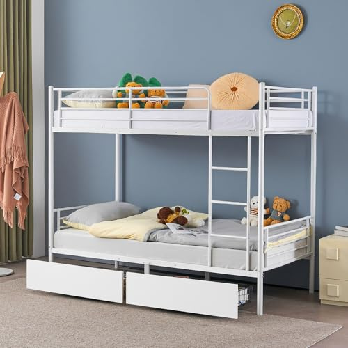 Bonnlo Metal Bunk Bed, Single over Single Loft Bed Frame with Ladder and Safety Guardrail, Bedroom Dorm Apartment Furniture Space-Saving Twin Bunk Bed with Drawer for Kids Teens Adults (White)