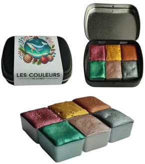 Générique Lot de 6 couleurs aquarelle peinture pailleté brillante métallisé artisanale demi godet Set kit NOEL + boite